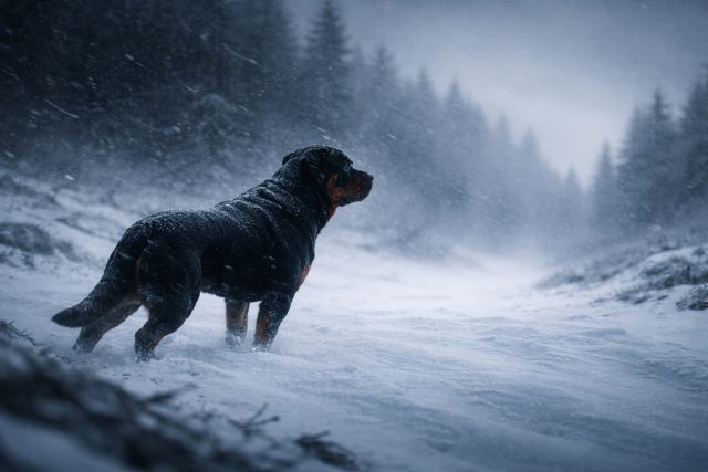 Rottweiler in Snowy Forest Landscape with Cool Blue Mist Wallpaper