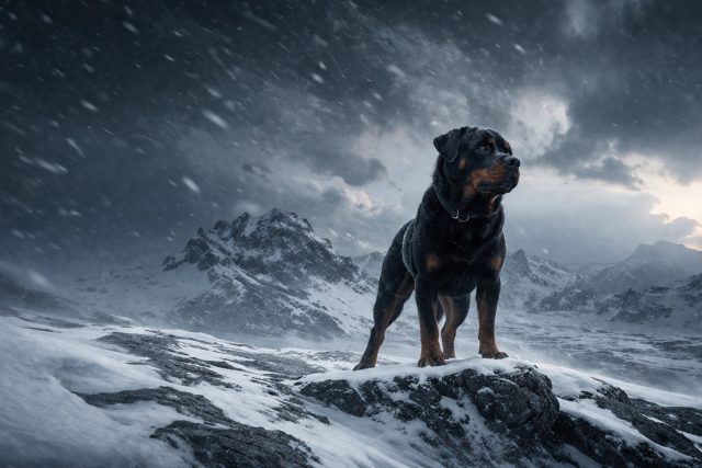 Rottweiler Standing on Snowy Mountain Ridge in Cool Blue Light Wallpaper