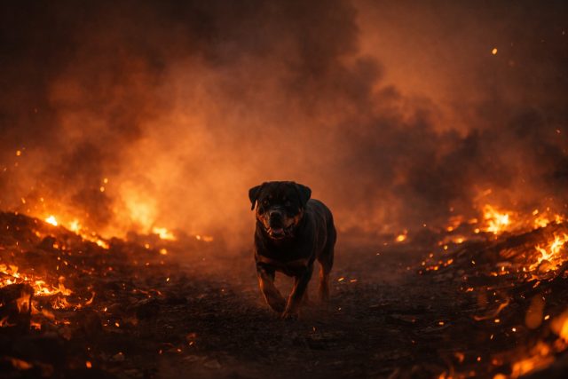 Rottweiler Moving Through Burning Landscape with Ember Glow Wallpaper