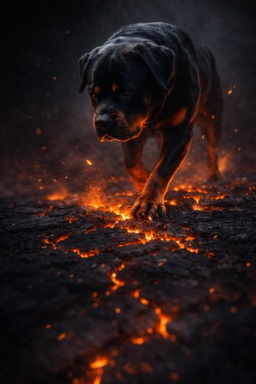 Rottweiler Walking Over Cracked Lava Ground with Ember Glow Wallpaper