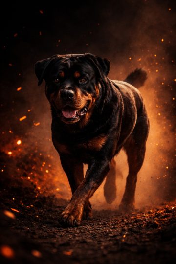 Rottweiler Walking Through Glowing Embers in Dark Firelight Wallpaper