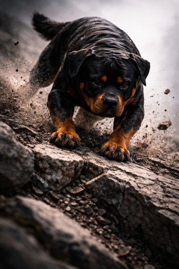 Rottweiler Descending Steep Rocks with Dynamic Ground Impact Wallpaper