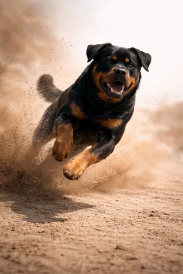 Rottweiler Running Through Desert Sand Burst in Warm Light Wallpaper