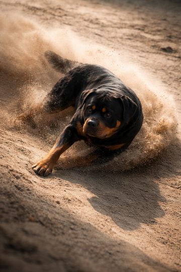 Rottweiler Sliding Across Desert Sand in Warm Dust Light Wallpaper