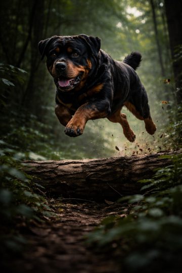Rottweiler Jumping Over Forest Log in Soft Green Light Wallpaper