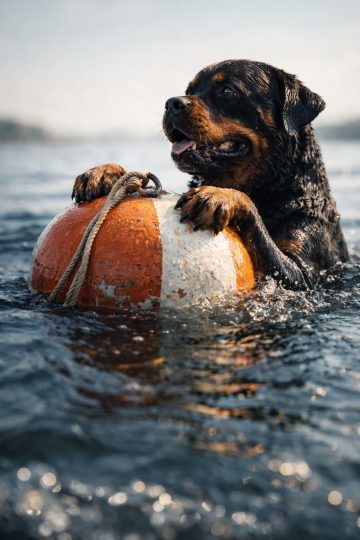 Rottweiler Holding Buoy in Water Rescue Style Scene Wallpaper