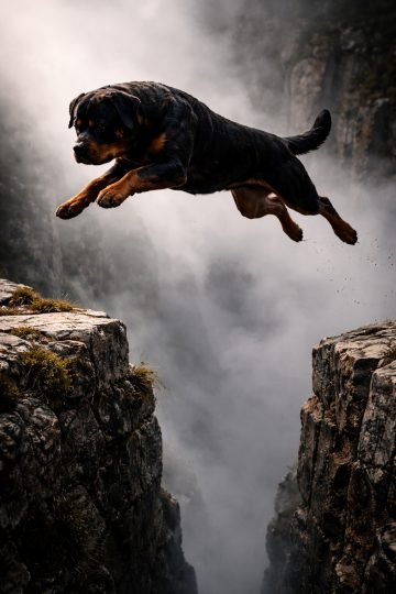 Rottweiler Leaping Between Cliffs in Mountain Action Scene Wallpaper
