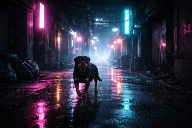 Rottweiler Walking Through Neon Lit Alley with Reflections Wallpaper