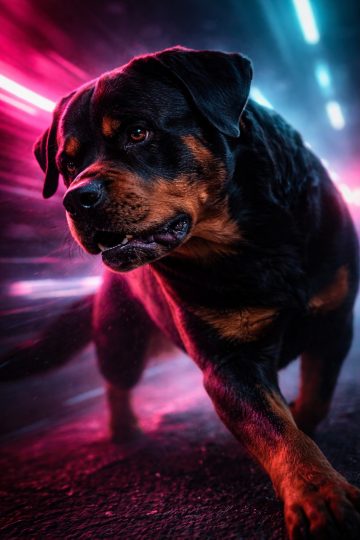 Rottweiler Running Through Neon Light Glow in Cyber Contrast Wallpaper