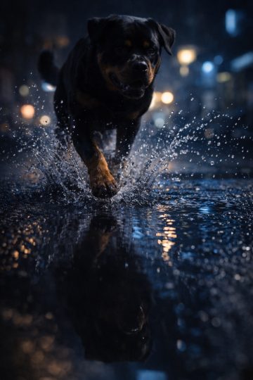 Rottweiler Running Through Rain with Splash and Reflection Night Wallpaper
