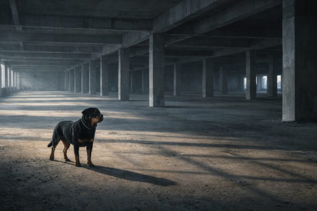 Rottweiler Standing in Empty Concrete Structure with Wide Light Rays Wallpaper