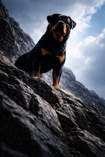 Rottweiler Standing on Rocky Mountain with Epic Low Angle Scale Wallpaper
