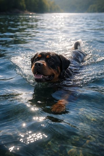 Rottweiler Swimming on Lake Surface with Sunlight Sparkle Wallpaper