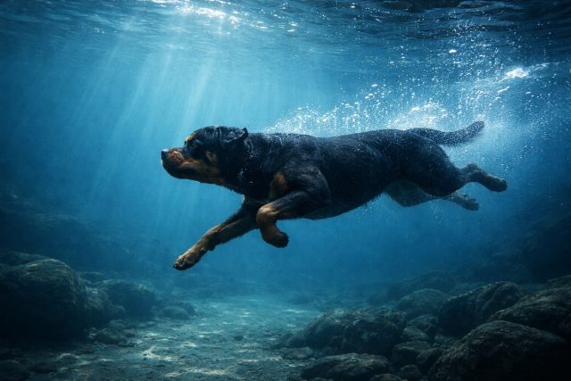 Rottweiler Underwater Horizontal Glide Above Rocky Bed Wallpaper