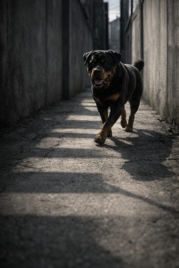 Rottweiler Walking Through Narrow Alley with Strong Shadow Light Wallpaper
