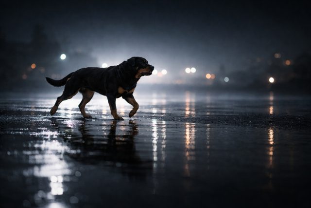 Rottweiler Walking Across Wet Ground with Night Reflections Wide Scene Wallpaper