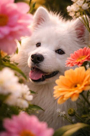 Samoyed Close-Up Among Soft Spring Flowers Wallpaper
