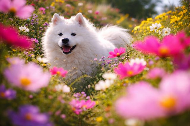 Samoyed in Dreamy Flower Field with Bokeh Wallpaper