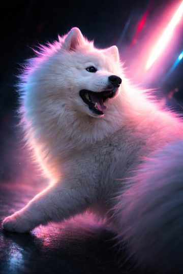 Samoyed Close-Up with Neon Glow and Dynamic Lighting Wallpaper