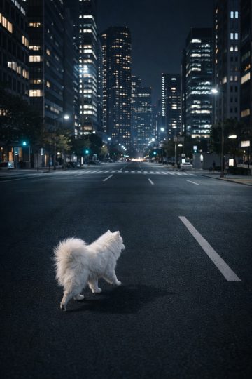 Samoyed Crossing Empty City Street at Night Wallpaper