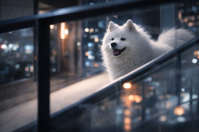 Samoyed on Escalator in Modern Night City Light Wallpaper