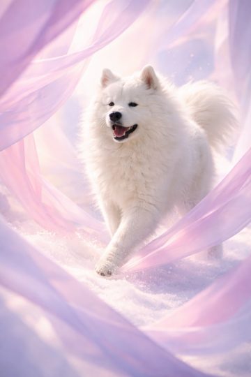 Samoyed Walking Through Soft Pastel Fabric Dreamscape Wallpaper