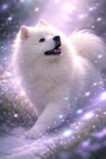 Samoyed Surrounded by Glowing Particles in Pastel Light Wallpaper