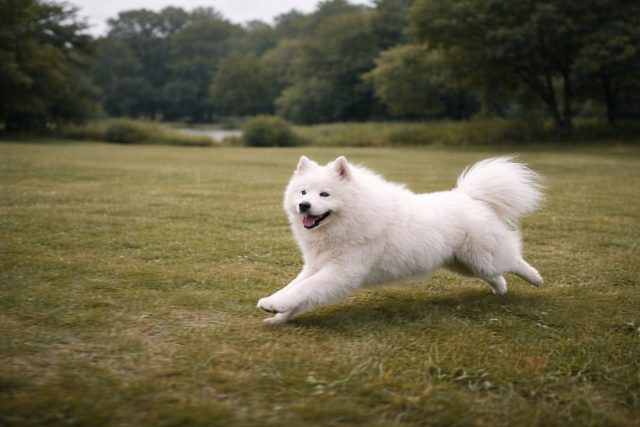 Samoyed Running Across Open Field in Overcast Light Wallpaper