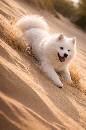 Samoyed Sliding Down Sand Dune Action Wallpaper