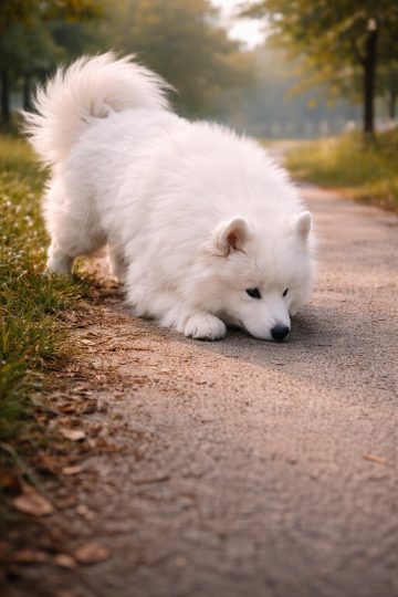 Samoyed Sniffing Along Quiet Park Path Wallpaper