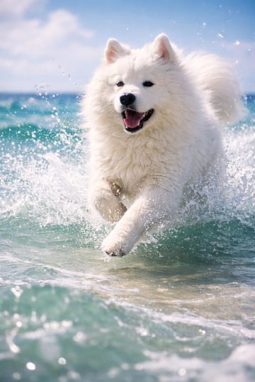 Samoyed Running Through Turquoise Waves Splash Wallpaper