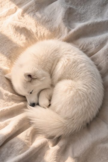 Samoyed Curled Up Sleeping on Soft Bed in Gentle Light Wallpaper