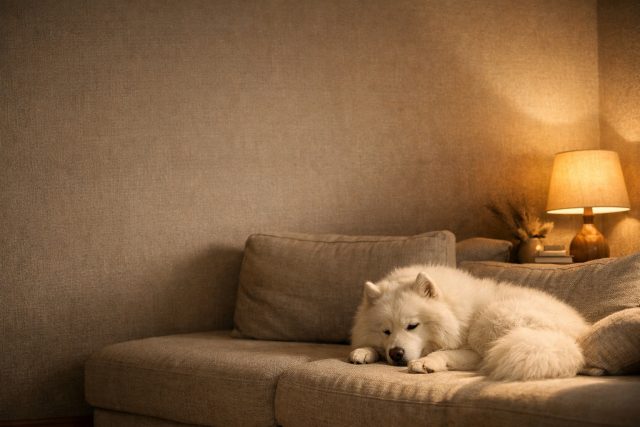 Samoyed Resting on Sofa Beside Warm Lamp Light Wallpaper