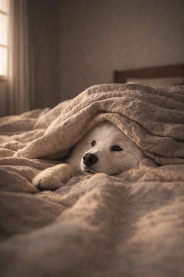 Samoyed Resting Under a Cozy Blanket in Warm Indoor Light Wallpaper