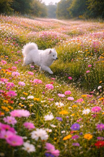 Samoyed Walking Through Wildflower Meadow Path Wallpaper