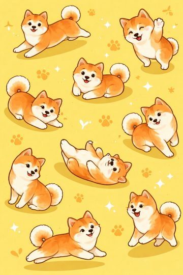Shiba Inu Cartoon Pattern Playful Poses Yellow Wallpaper