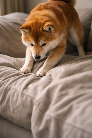 Shiba Inu Digging Into Soft Sofa Cushion Wallpaper