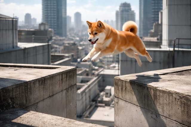 Shiba Inu Jumping Between Rooftops Cityscape Action