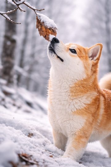 Shiba Inu Looking Up at Snow-Covered Leaf Wallpaper