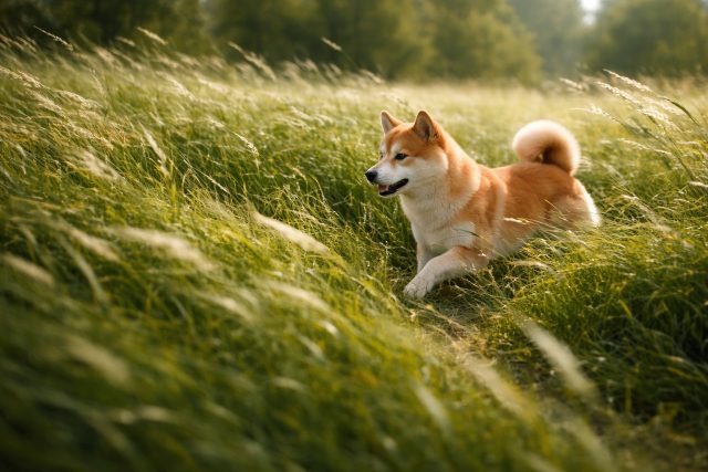 Shiba Inu Moving Through Tall Grass Meadow Wallpaper