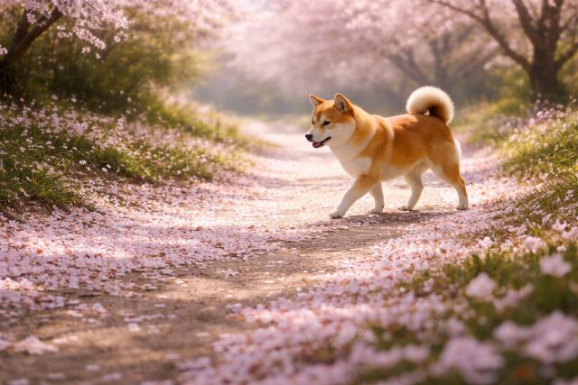 Shiba Inu on Sakura Covered Path Soft Focus Spring Wallpaper