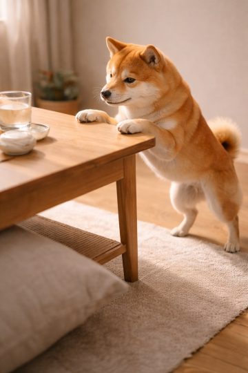 Shiba Inu Peeking at Table in Cozy Living Room Wallpaper