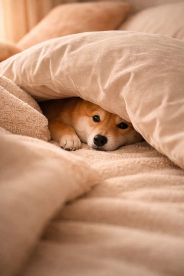 Shiba Inu Peeking Under Blanket Cozy Bed Scene