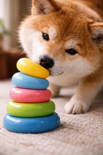 Shiba Inu Playing With Colorful Stacking Toy Wallpaper