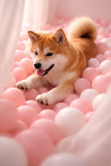 Shiba Inu Playing in Soft Pink Ball Pit Wallpaper