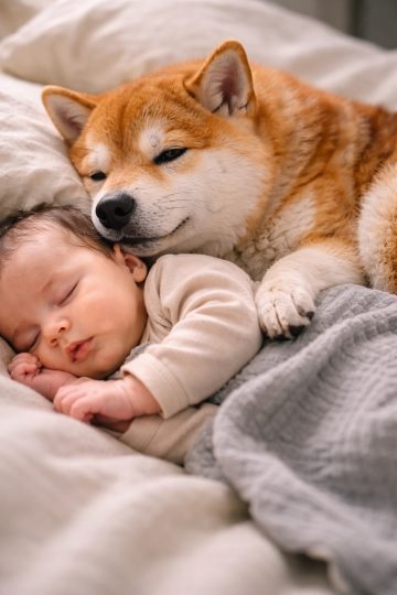 Shiba Inu Resting Beside Sleeping Baby Cozy Bed Wallpaper