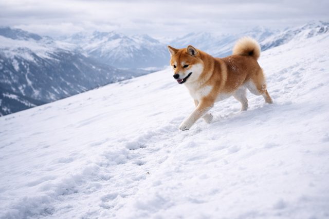 Shiba Inu Running in Snow Mountain Landscape Wallpaper