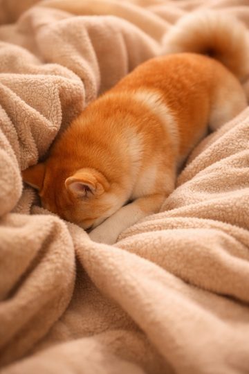 Shiba Inu Sleeping in Soft Peach Blanket Cozy Wallpaper
