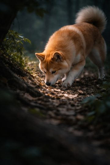 Shiba Inu Sniffing Forest Ground Moody Lighting Wallpaper