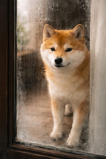 Shiba Inu Standing Behind Rainy Window Wallpaper